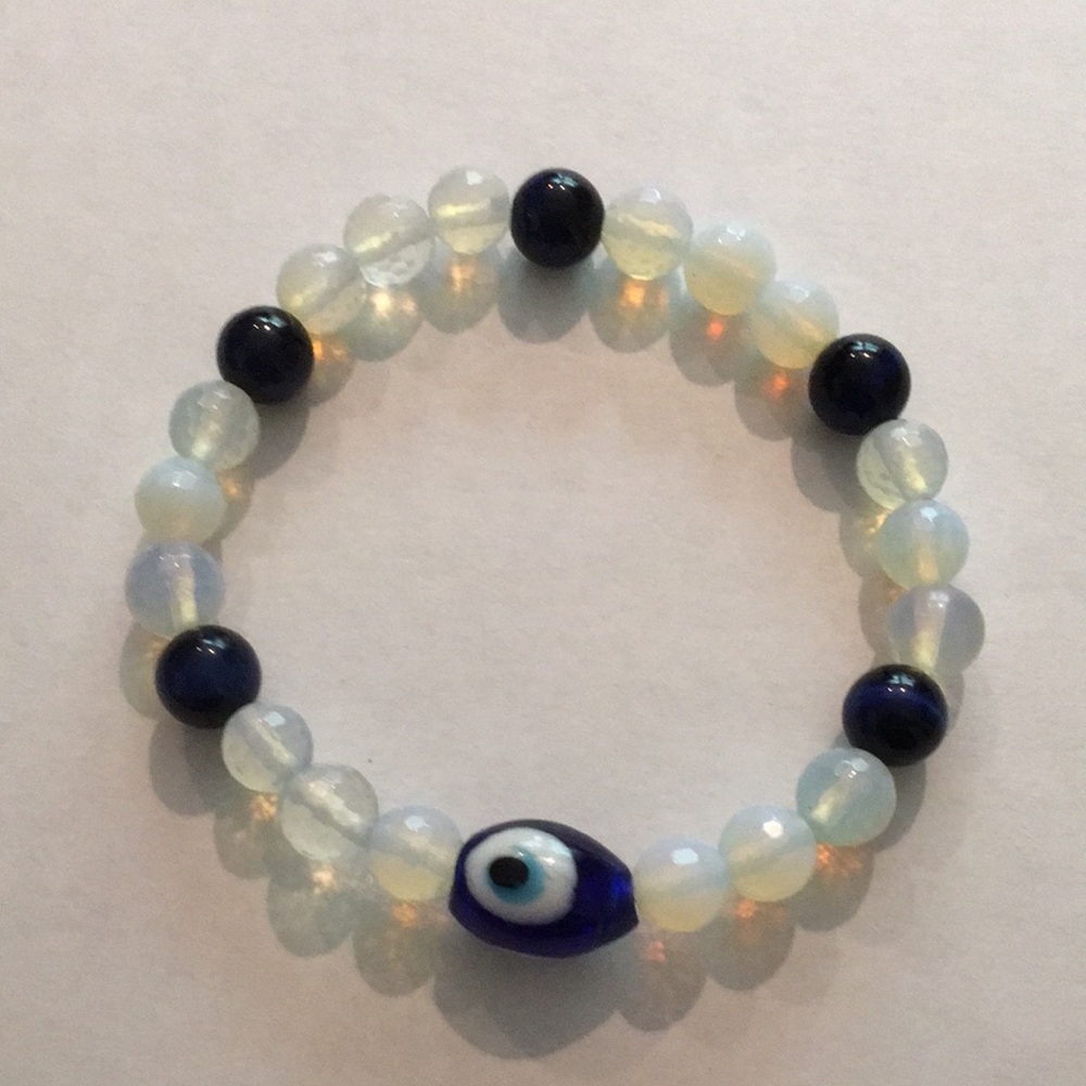 Opalite Crystals with Blue Tiger Eye Crystals Healing Protection Eye Bracelet